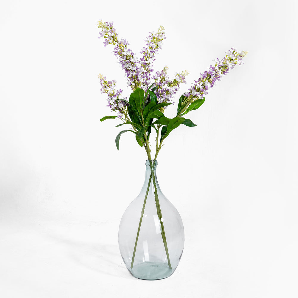 Clear glass vase with purple flowers on a white background