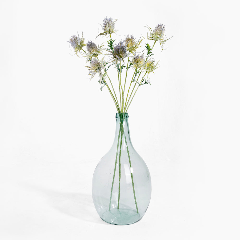 Clear glass vase with dried flowers on a white background