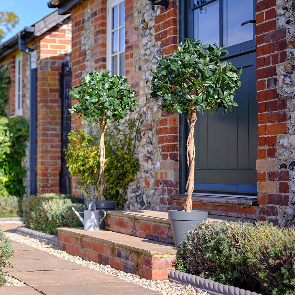 Brick building with decorative plants and a wooden pathway