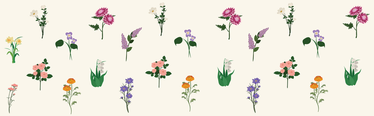 Illustrations of various flowers arranged in a decorative pattern on a light background.