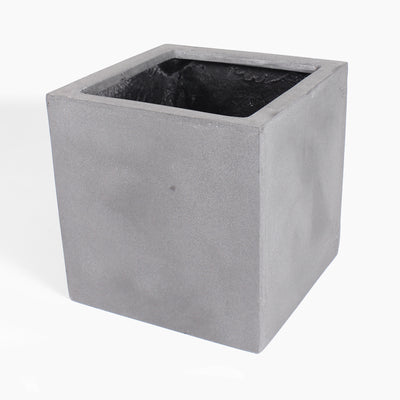 A square fiberstone planter pot with a rough, textured gray exterior and a dark interior, shown on a plain white background.
