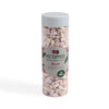 A clear plastic jar of pale pink decorative stones, with a gray lid and a white and pink label.