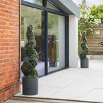 Modern house exterior with a brick wall, glass doors, and potted topiary plants.