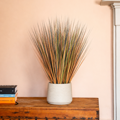 A decorative artificial grass arrangement in a textured off-white ceramic pot, displayed on a rustic wooden chest against a soft peach-pink wall.