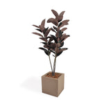 An artificial potted plant with dark reddish-brown leaves in a square beige planter topped with brown bark, shown on a plain white background.