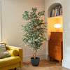 A tall, leafy potted artificial tree with variegated green and cream leaves stands in a dark gray pot in a cozy living room corner next to a yellow sofa and a mid-century modern wooden cabinet.