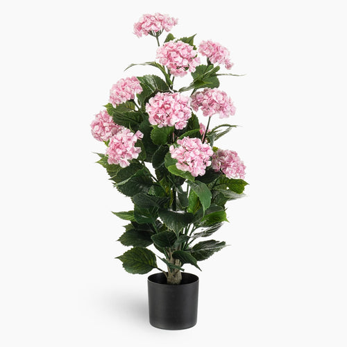 Artificial shrub with pink hydrangeas on a white background