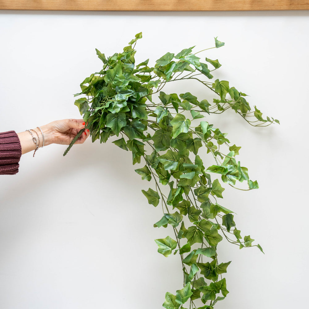 Person holding a bunch of green artificial ivy leaves against a white background