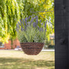 Hanging basket full of lavender in a garden setting