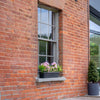 Brick building with a window box of green and purple flowers and foliage.