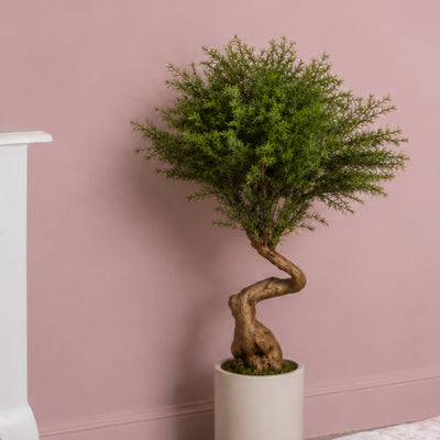 An artificial bonsai-style green tree with a twisted brown trunk in a white cylindrical pot, set against a dusty pink wall.