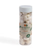 A clear plastic jar filled with large off-white stones, featuring a grey lid and a beige label with green and orange accents.