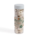 A clear plastic jar filled with large off-white stones, featuring a grey lid and a beige label with green and orange accents.