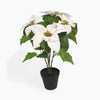An artificial white poinsettia plant with green leaves and orange seed pods, potted in a black plastic nursery pot against a clean white background.
