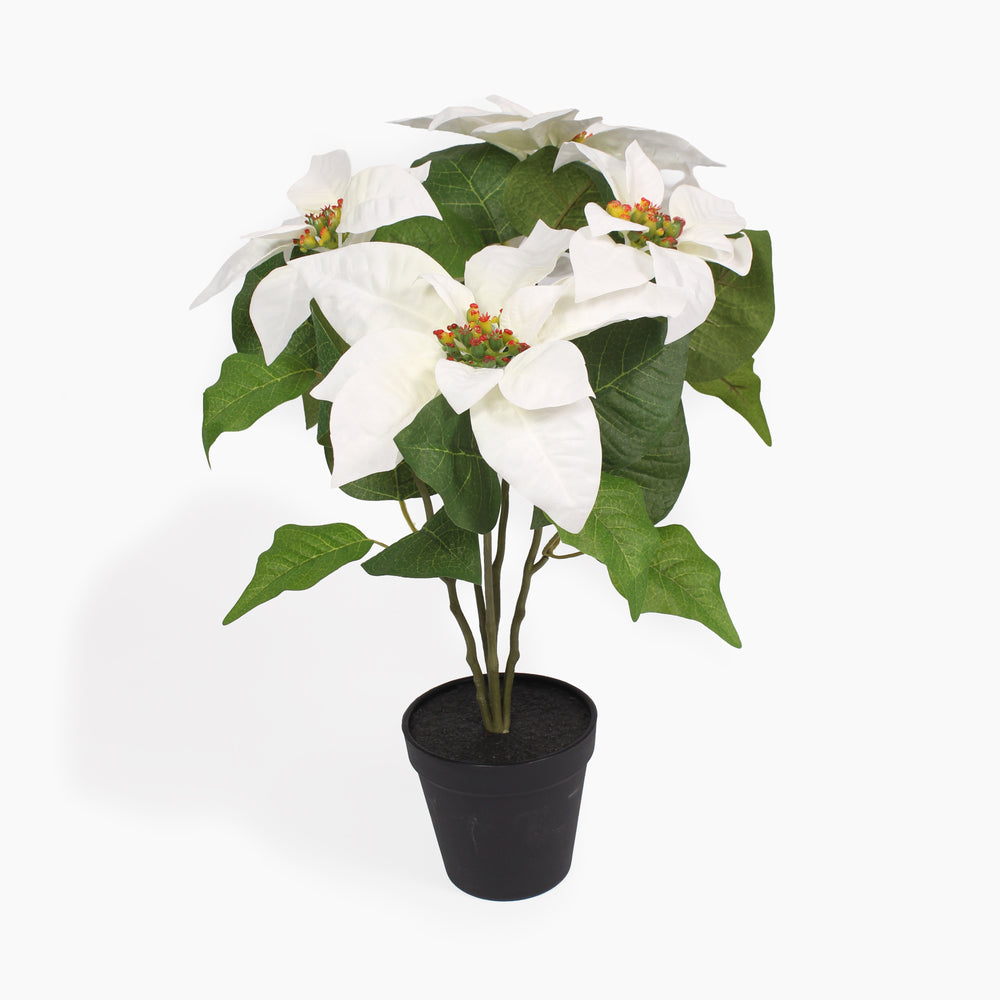 An artificial white poinsettia plant with green leaves and orange seed pods, potted in a black plastic nursery pot against a clean white background.