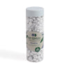 A clear plastic jar of light grey premium decorative stones, featuring a light gray lid and a beige label with green accents, set against a plain white background.