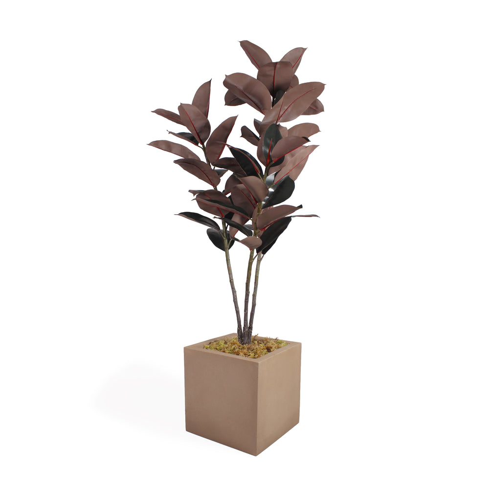 An artificial potted plant with dark reddish-brown glossy leaves in a square beige concrete-style planter topped with green and brown moss, shown on a clean white background.