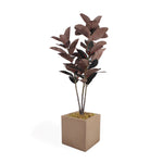 An artificial potted plant with dark reddish-brown glossy leaves in a square beige concrete-style planter topped with green and brown moss, shown on a clean white background.