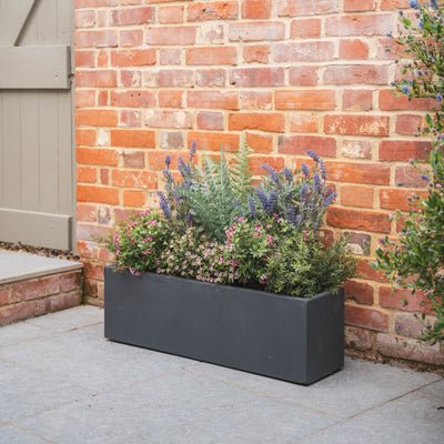Tall rectangular planter with colourful flowers against a brick wall