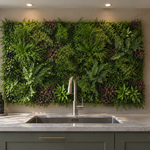 A lush green living wall made of dense artificial foliage, mounted on a beige wall above a modern kitchen sink with a marble countertop.