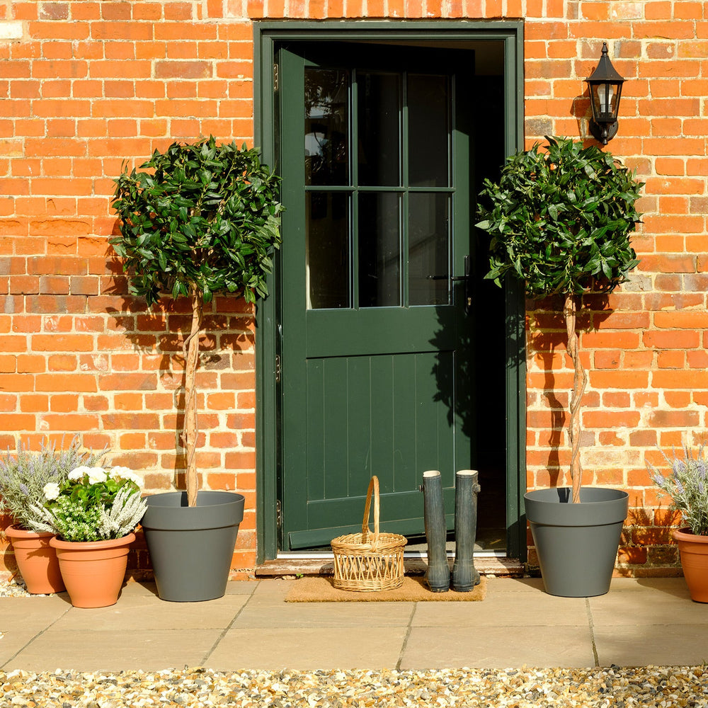 Green door with plants and boots on a brick wall