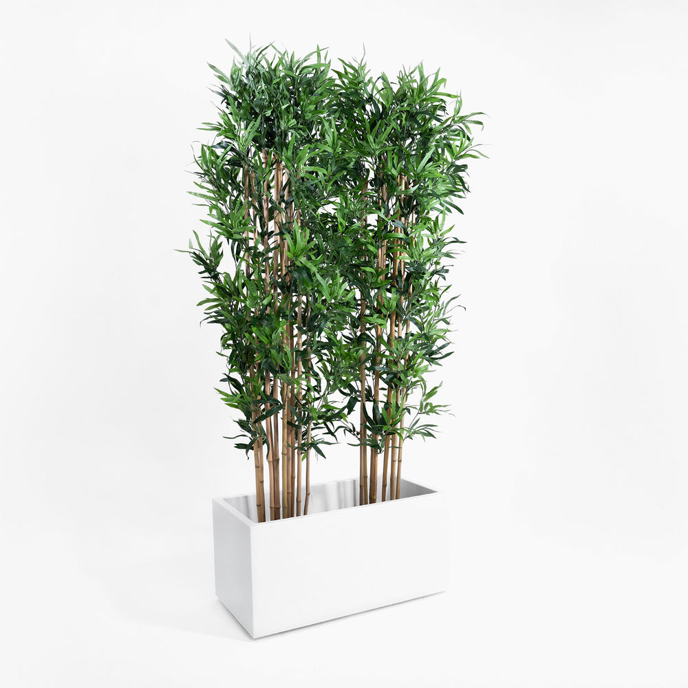 Artificial bamboo plant in a white planter on a white background