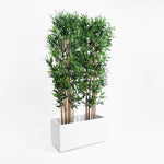 Artificial bamboo plant in a white planter on a white background