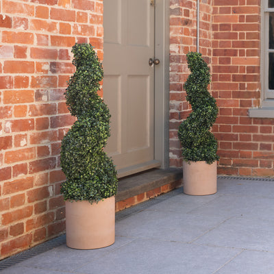 Artificial 90cm boxwood spiral in terracotta pot by front door