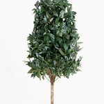 Artificial topiary tree with dense green leaves on a white background