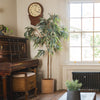 Room interior with a piano, potted plant, and window.