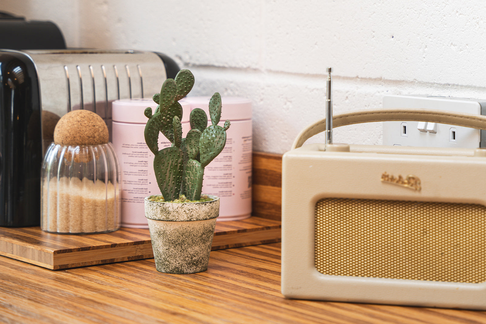 Beige radio on a wooden surface with a cactus plant and decorative items in the background.