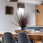 Dining area with wooden table, gray chairs, and decorative plant in a modern kitchen setting.