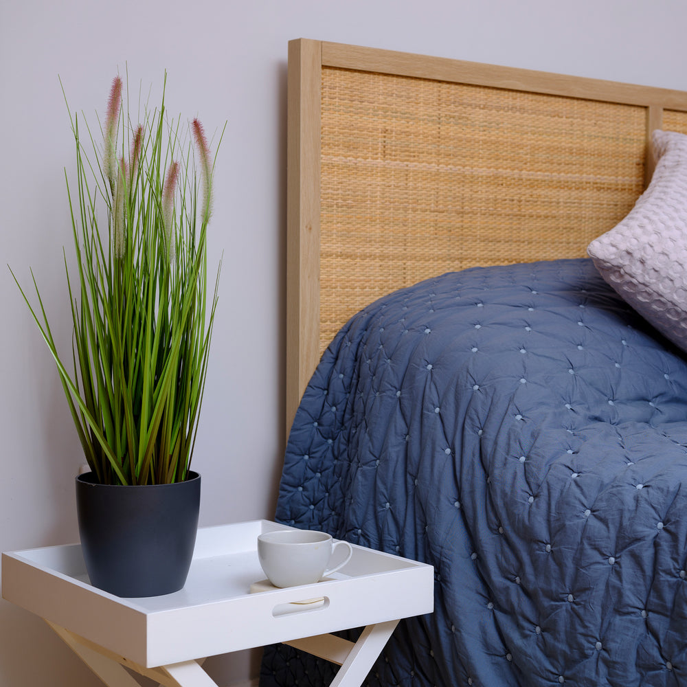Bedroom with a wooden headboard, blue comforter, and a plant on a white nightstand.
