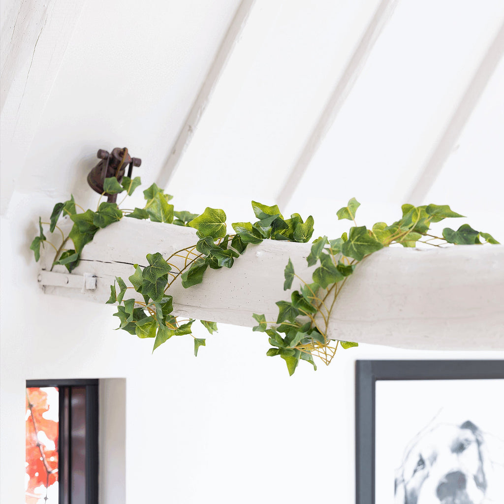 White wooden beam with green ivy plants against a white wall.