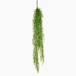 A long, cascading artificial green leafy plant on a spike with dense foliage, shown hanging straight against a plain white background.