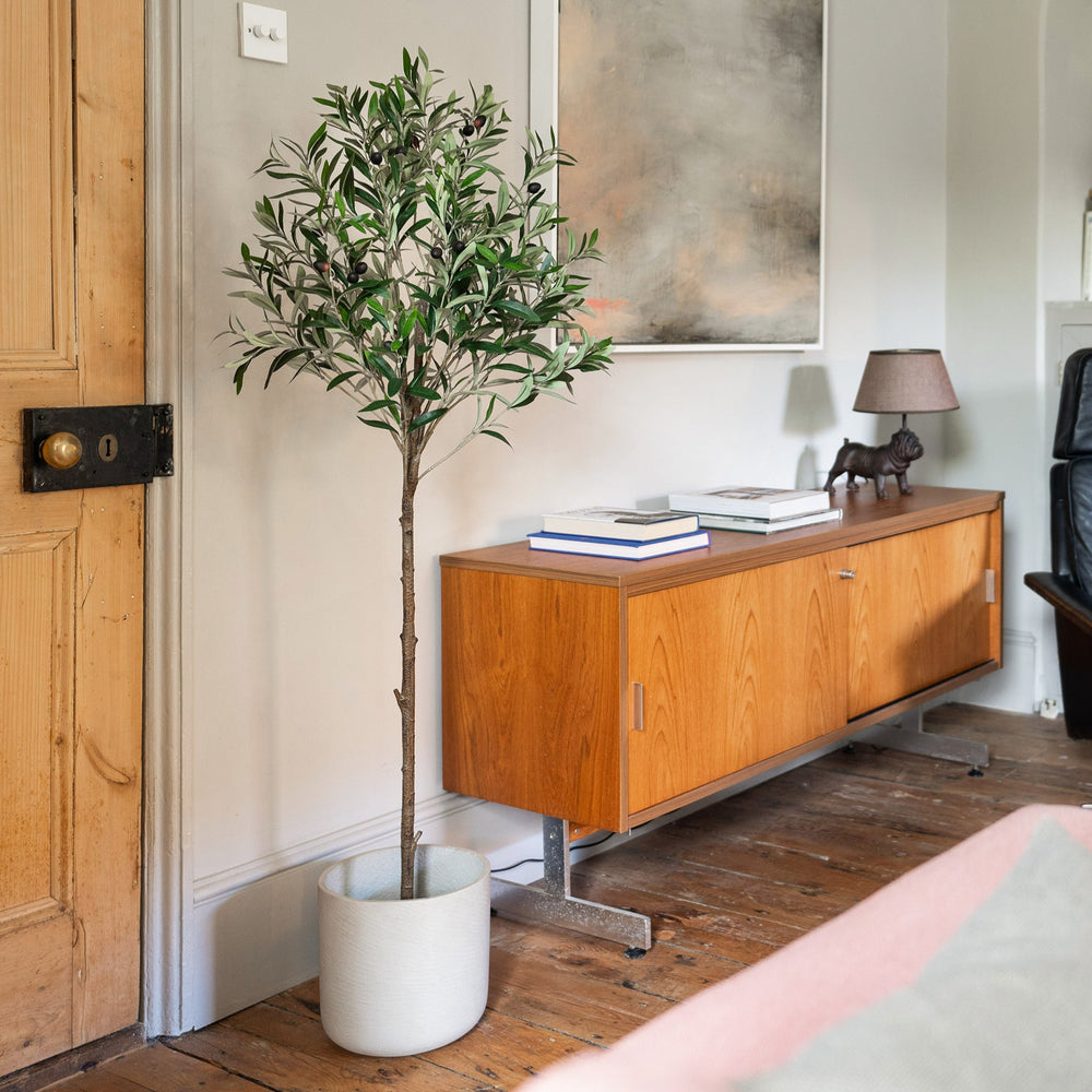 Wooden sideboard with books and a lamp in a room with a plant and a chair.