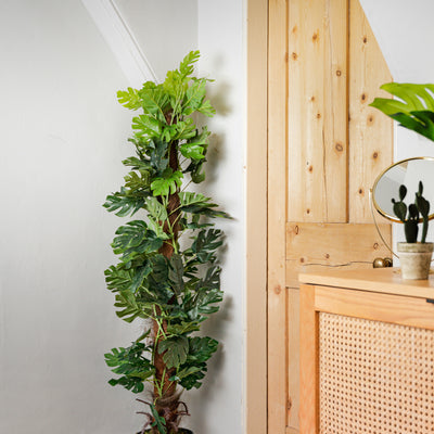 Artificial monstera plant leaning against a white wall next to a wooden cabinet.