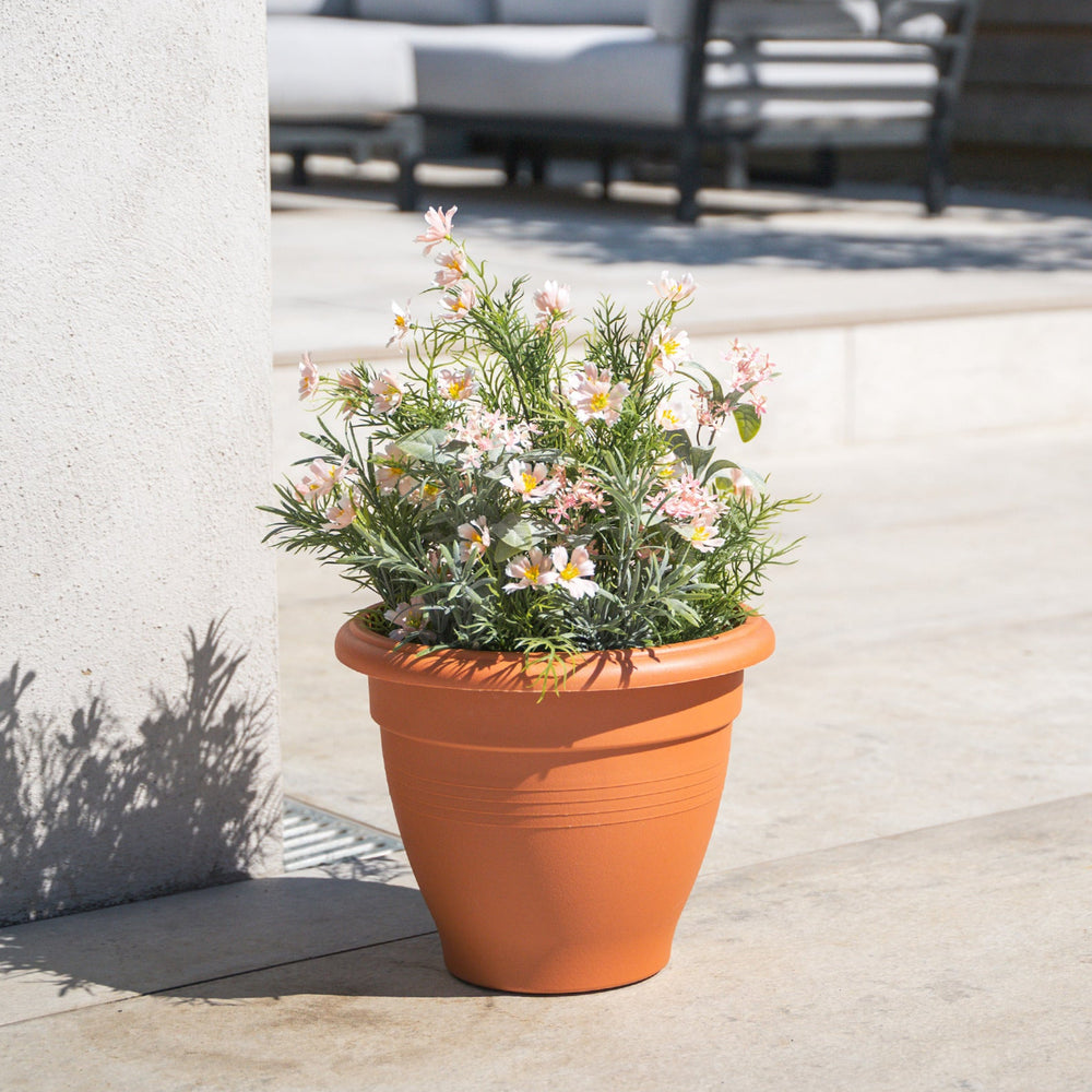 Terracotta pot with flowers on a concrete surface