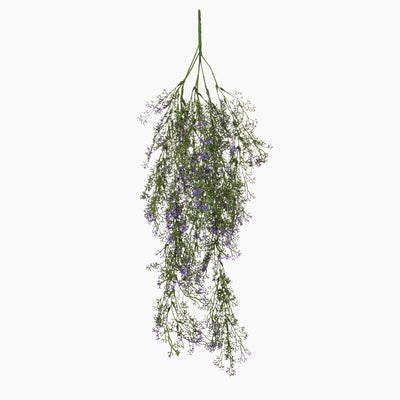 Hanging bundle of greenery with small purple flowers on a white background