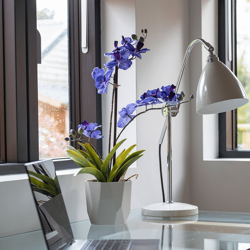 Modern office desk with laptop, lamp, and potted plant near a window.
