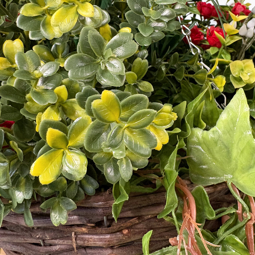 Artificial red rose ivy hanging basket foliage