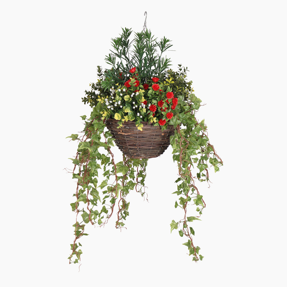 Artificial red rose ivy hanging basket