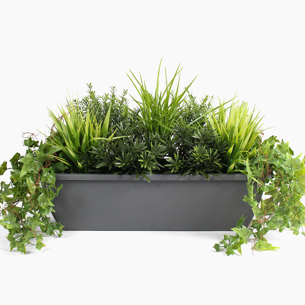 Artificial woodland greens window box arrangement