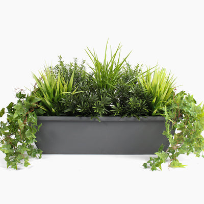 Artificial woodland greens window box arrangement