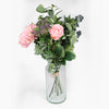 Artificial berry and bramble baby pink flowers with deep green foliage faux flower bunch on white background