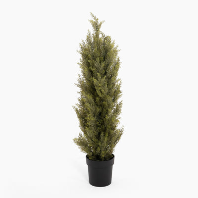 Potted artificial cypress tree on a white background