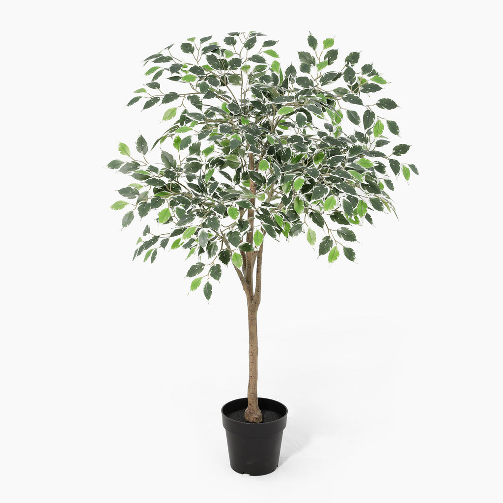 Potted artificial tree with green leaves on a white background