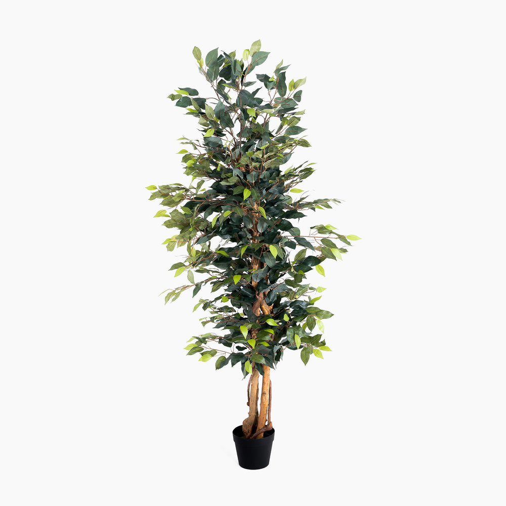 Artificial potted plant with green leaves on a white background