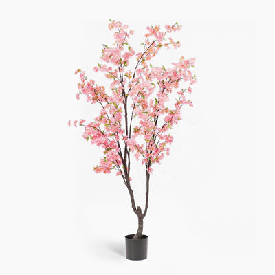 Potted artificial cherry blossom tree with pink flowers on a white background