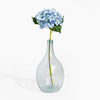 Clear glass vase with a single stem of blue hydrangeas on a white background